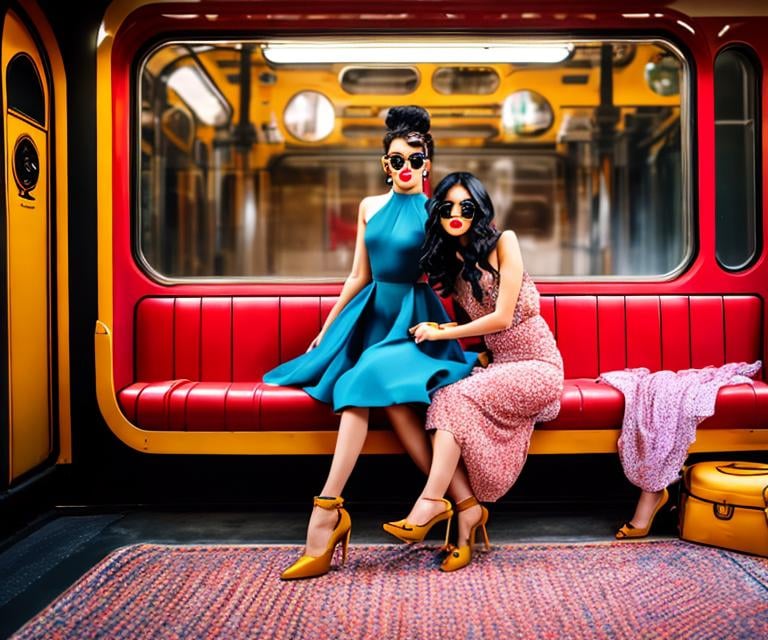 Prompt:  A fusion of fashion-forward styling for a blog, evoking a whimsical and fantastical ambiance against a backdrop of a train. 