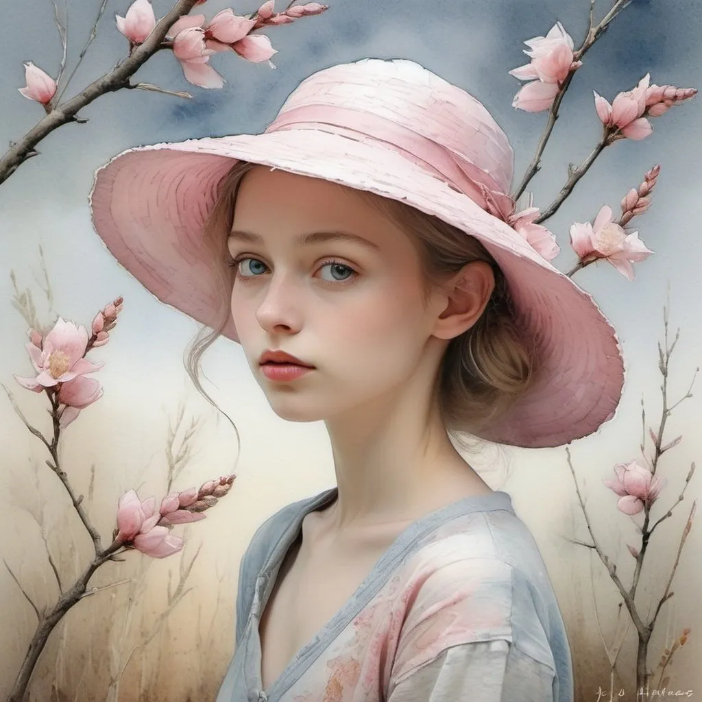 Prompt: whimsical watercolor, neve a primavera, pale pink and white soft diffused light fantasy Van Gogh Alex Grey Jean-Baptiste Monge Sherry Akrami muted colours Yossi Kotler Duy Huynh watercolor by Jean Haines - Steve Hanks - Georgia O'Kleeffe

