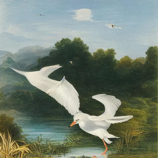 Prompt: Bird book illustration an of a white goose flying above a lazy river, with light blue eyes and long white crest and long black legs, white background with cattail plants, By John James Audubon 