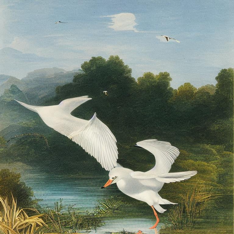 Prompt: Bird book illustration an of a white goose flying above a lazy river, with light blue eyes and long white crest and long black legs, white background with cattail plants, By John James Audubon 