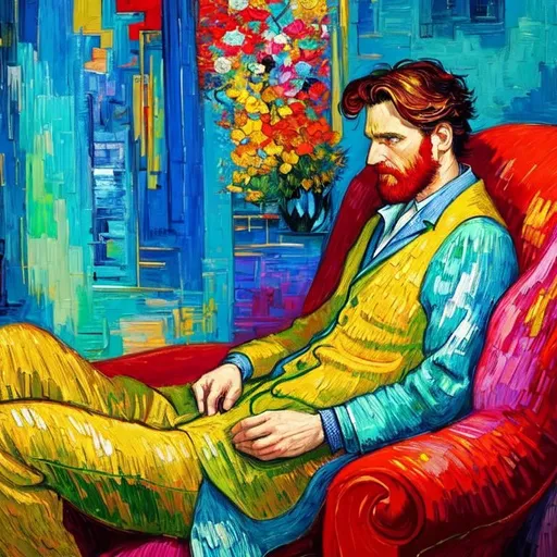 Prompt: Man sitting on the sofa, Style Flora Bowley and Vincent van Gogh,8k, dynamic lighting, ultra detailed