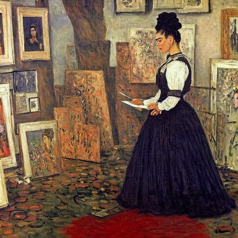 Prompt: a painting by claude monet of a beautiful slender blonde young woman frida kahlo in evening dress in her art studio surrounded by shabby little sketches and small abstract paintings,8k, dynamic lighting, ultra detailed