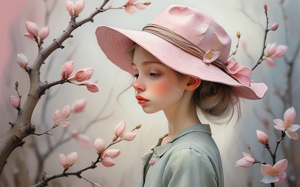 Prompt: whimsical watercolor, neve a primavera, pale pink and white soft diffused light fantasy Van Gogh Alex Grey Jean-Baptiste Monge Sherry Akrami muted colours Yossi Kotler Duy Huynh watercolor by Jean Haines - Steve Hanks - Georgia O'Kleeffe

