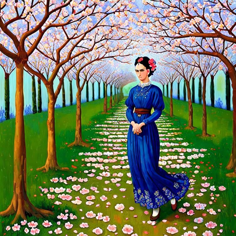 Prompt:  Beautiful Frida Kahlo as Woman in garden, almond blossom luminous trees, intriguing flowers, highly detailed painting, intricate, high quality oil painting , woman Sandro Botticelli style and patchwork by Megan Duncanson and Jennifer Lommers and Didier Lourenço 