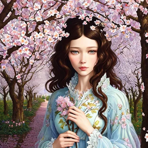 Prompt:  Beautiful Astrid Berges-Frisbey as Woman in garden, almond blossom luminous trees, intriguing flowers, highly detailed painting, intricate, high quality oil painting , woman Sandro Botticelli style and patchwork by Megan Duncanson and Jennifer Lommers and Didier Lourenço 