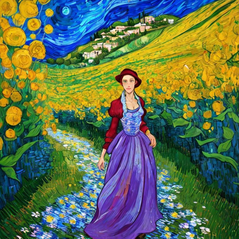 Prompt: Beautiful italian lady in an beautiful landscape of Umbrië, Style Flora Bowley and Vincent van Gogh,8k, dynamic lighting, ultra detailed