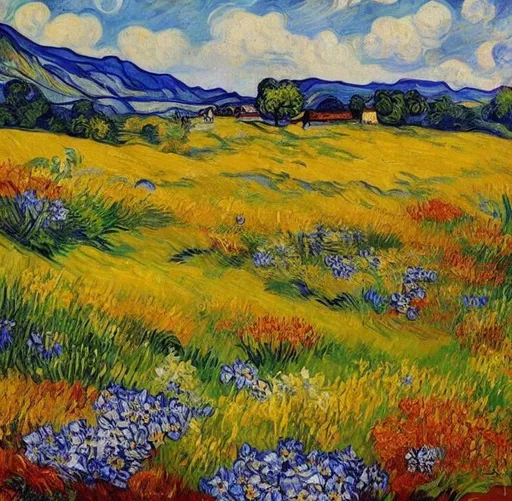 Prompt: Beautiful Romanian welsh painting. Van gough style spring meadow flowers. Baby