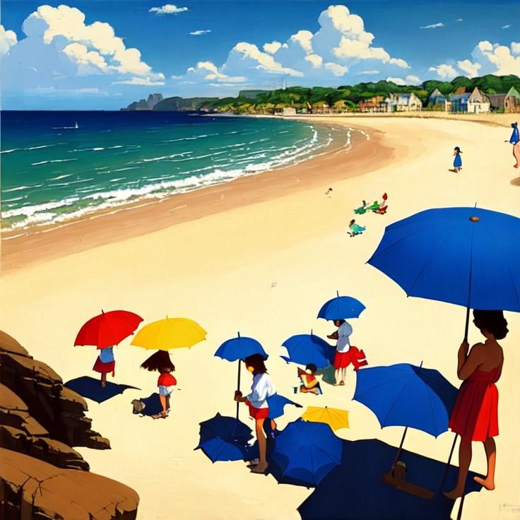 Prompt:  beach landscape, girls and boys, playing children, beach cottages,umbrellas, Style: Jack Vettriano, catherine abel, beautiful crisp colors 