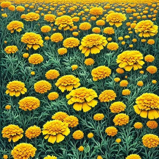 Prompt: Striking Yellow and Gray landscape with Marigold Flowers. extreme details, highly detailed, extremely detailed, beautiful, high detail, ultra detailed, high definition, hdr, acrylic art, intricate details, Jacek Yerka