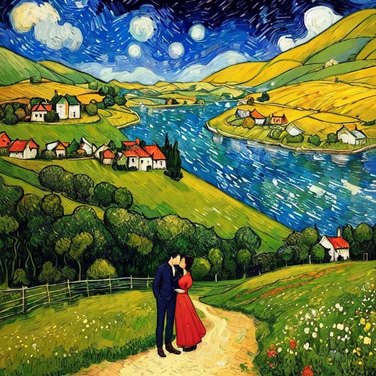 Prompt: Woman kissing Man in landscape of the countryside, Style Flora Bowley and Vincent van Gogh,8k and Enki Bilal and Anton Pieck, dynamic lighting, ultra detailed