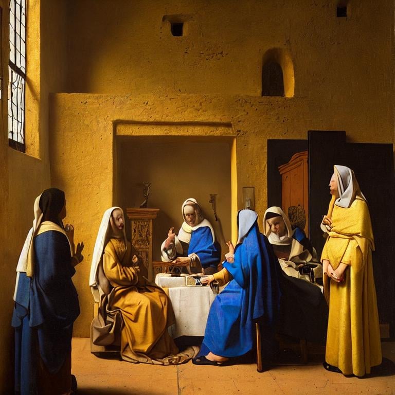 Prompt: The three Marys at the tomb of Jesus, Style Johannes Vermeer, 8k, dynamic lighting, ultra detailed