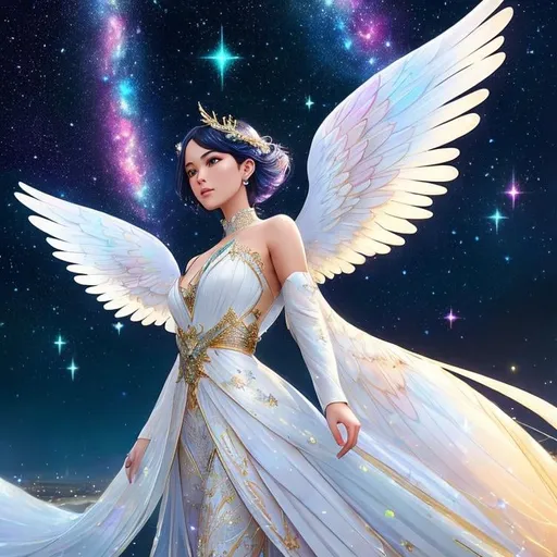 Prompt: Gorgeous angel and mother-of-pearl colored wings made out of luminous stars and galaxy at night, hyperdetailed and highly intricate digital illustration by Ismail Inceoglu, Erin Hanson, Hayao Miyazaki and Yoshitaka Amano, a masterpiece, 8k resolution, trending on artstation, Ray Tracing Reflections, volumetric lighting, deep colors, unreal engine