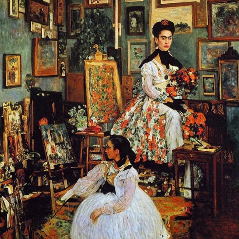 Prompt: a painting by claude monet of a beautiful slender blonde young woman frida kahlo in evening dress in her art studio surrounded by shabby little sketches and small abstract paintings,8k, dynamic lighting, ultra detailed