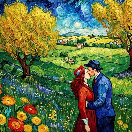 Prompt: Woman kissing Man in landscape of the countryside, Style Flora Bowley and Vincent van Gogh,8k and Enki Bilal and Anton Pieck, dynamic lighting, ultra detailed