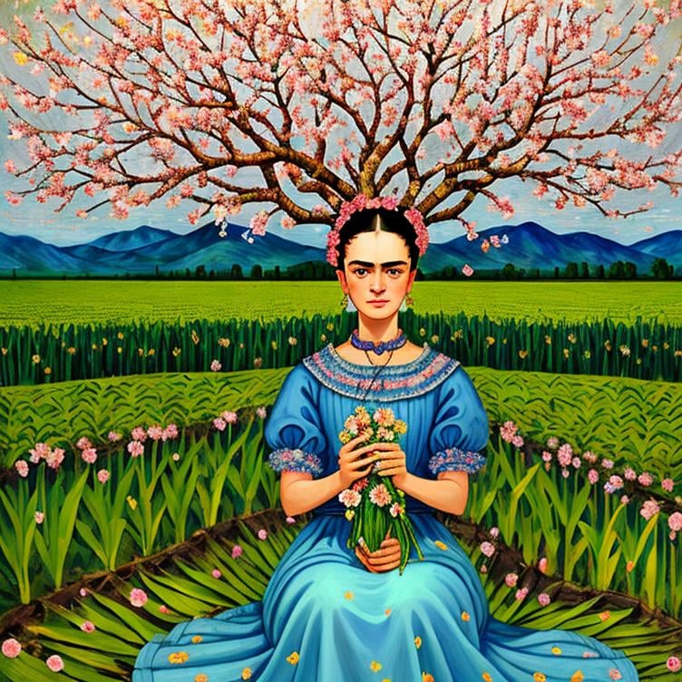 Prompt:  Beautiful Frida Kahlo as Woman in corn fields, field workers, almond blossom luminous trees, intriguing flowers, highly detailed painting, intricate, high quality oil painting , woman Sandro Botticelli style and patchwork by Megan Duncanson and Jennifer Lommers and Didier Lourenço 