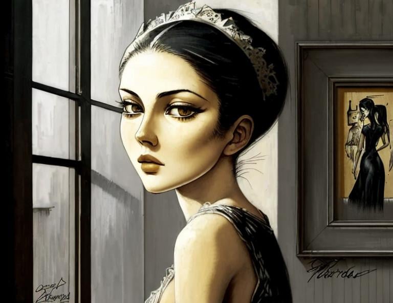 Prompt: sharp focus elegant intricate details sensuality very attractive beautiful high definition crisp quality very cute Bernard Buffet (figurative expressionist French painter)