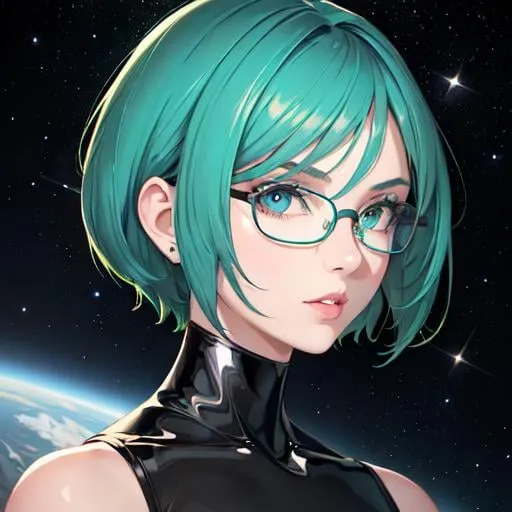 Prompt: 1girl,
short hair, green eyes, blue hair, hair between eyes, mean face, spacial scientist, best quality face, best quality skin, best quality eyes, best quality lips, ultra-detailed eyes, ultra-detailed glasses,  ultra-detailed, colorful, night, space, nerdy, with glasses, space station, looking at the stars, high resolution