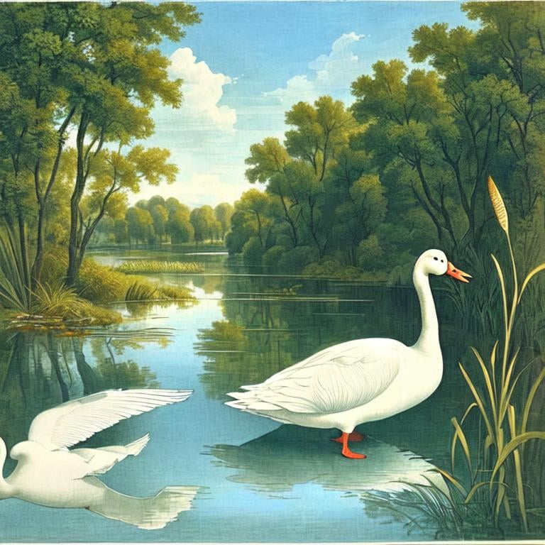 Prompt: Bird book illustration an of a white goose flying above a lazy river, with light blue eyes and long white crest and long black legs, white background with cattail plants, By John James Audubon 