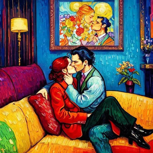 Prompt: Woman kissing Man sitting on the sofa, Style Flora Bowley and Vincent van Gogh,8k and Enki Bilal and Anton Pieck, dynamic lighting, ultra detailed