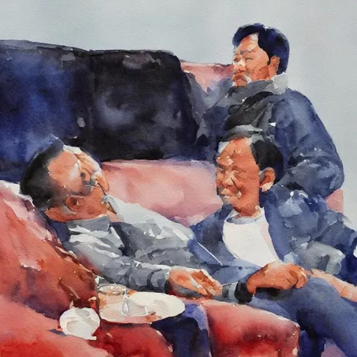 Prompt: Man sitting on the sofa, water color  by Yong Chen dunn, high details