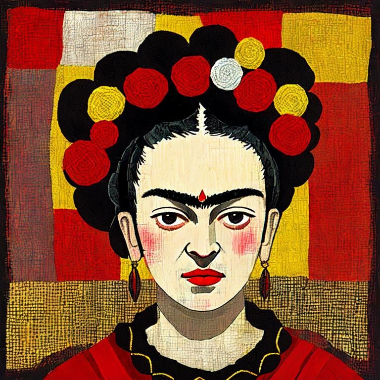 Prompt:  Beautiful Frida Kahlo in red and Black and white and yellow, patchwork by Megan Duncanson and Jennifer Lommers and Didier Lourenço 