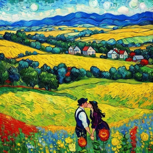 Prompt: Woman kissing Man in landscape of the countryside, Style Flora Bowley and Vincent van Gogh,8k, 
 dynamic lighting, ultra detailed