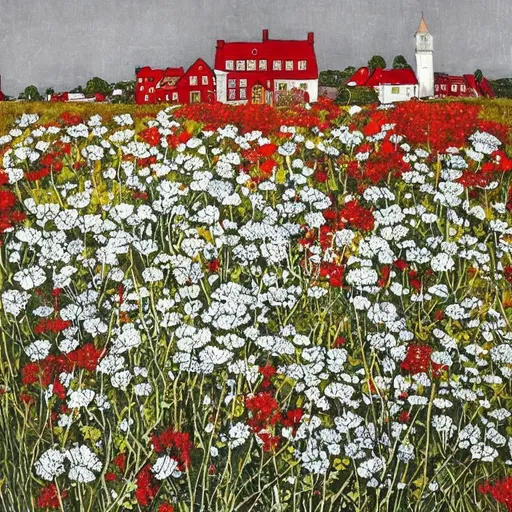 Prompt: Queen Anne’s Lace, red and white and black and yellow landscape. Detailed buildings with gray roofs. No floating flowers in the sky. No buildings on top of flowers in the sky. Unsigned, no signature 