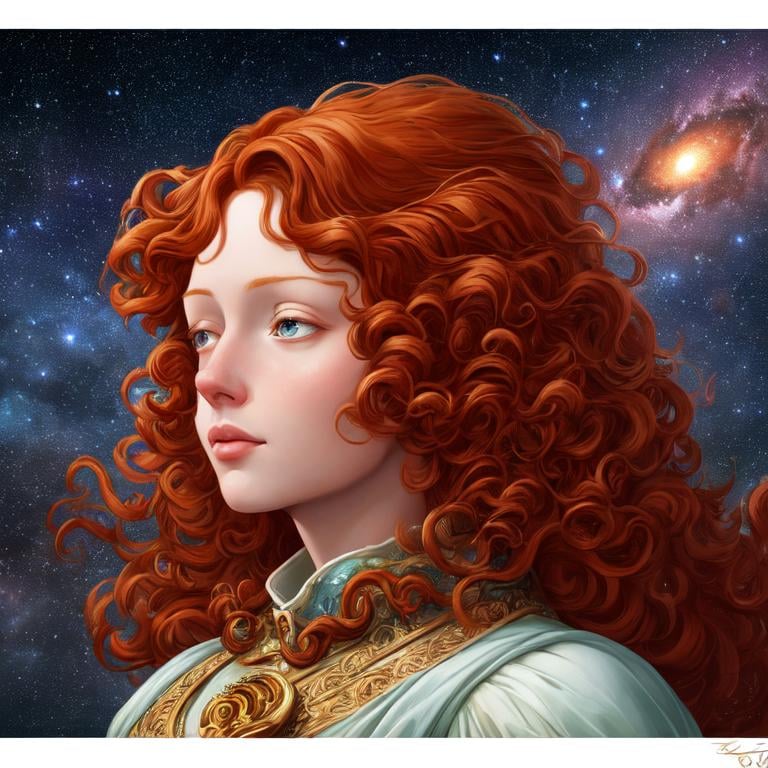 Prompt:  Oil painting by Botticelli portrait of a beautiful woman with curly auburn hair observing star dust and clouds in the milky-way, stunning image, epic fantasy image, award-winning cgi, artstation, blender 