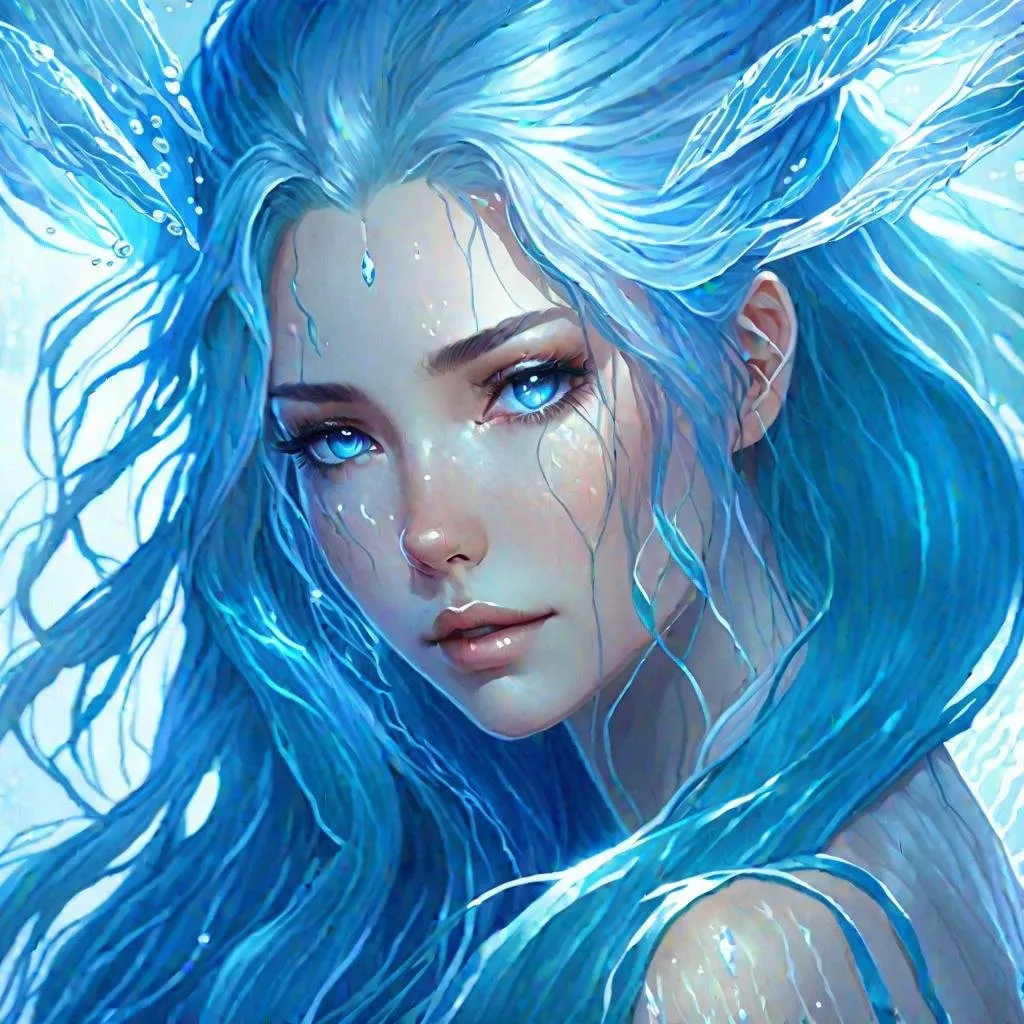 Prompt: Portrait of a {naiad}, skin that looks like it's made of water, blue skin,  blue face, fantasy, lady made of water, hair looks like a river, long intense lighting, detailed face, long flowing hair like a river, by makoto shinkai, stanley artgerm lau, wlop, rossdraws, concept art, digital painting, looking into camera, dungeon and dragons