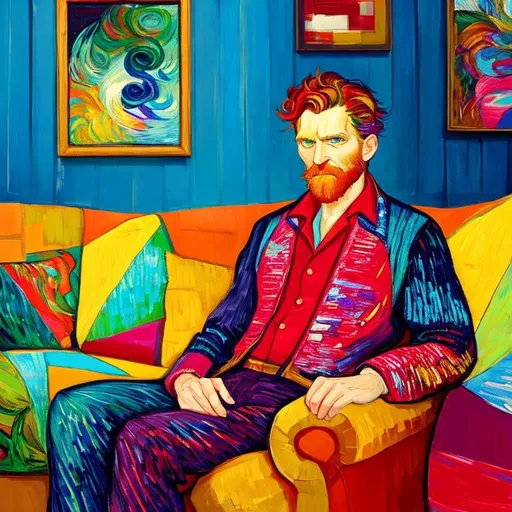 Prompt: Man sitting on the sofa, Style Flora Bowley and Vincent van Gogh,8k, dynamic lighting, ultra detailed