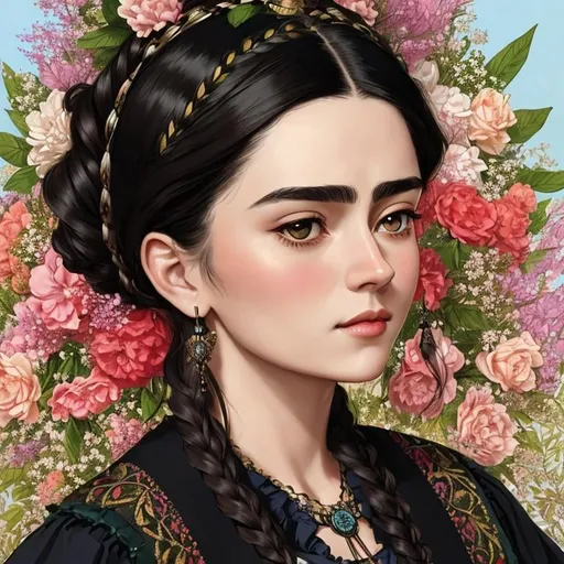 Prompt: Please paint a portrait of a beautiful young long haired Victorian era woman, looks like Friesa Kahlo. English garden backdrop.  Concept art in the style of Yoji Shinkawa, a hyper realistic close-up portrait, 4K symmetrical portrait, in-focus, trending in artstation, cgsociety, 8k post-processing highly detailed, Craig Mullins, Casey Baugh, wlop, Sharandula, Tom Bagshaw, Ross Tran, Artgerm, dramatic, moody lighting, characters 8K symmetrical, artstation, cinematic lighting, intricate details, 8k detail post processing, chiaroscuro --no dof --uplight:1.2), portrait, high detail, realistic, hyperrealistic, premium quality, digital painting, concept art, artistic, portrait