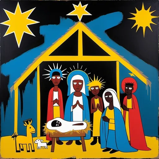 Prompt: Nativity scene in the style og Jean-Michel Basquiat