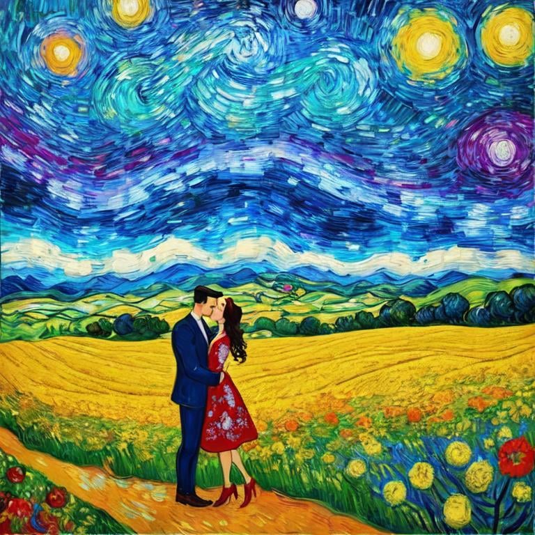 Prompt: Woman kissing Man in landscape of the countryside, Style Flora Bowley and Vincent van Gogh,8k, 
 dynamic lighting, ultra detailed