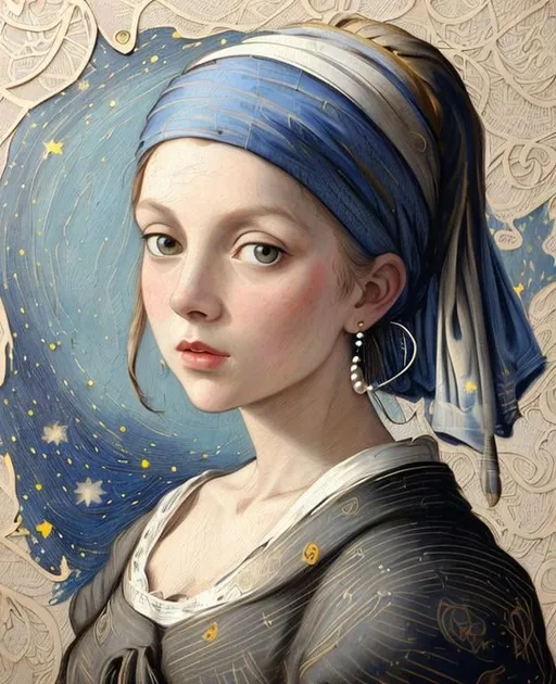 Prompt:  very simple sketch of the Girl With A pearl Earring, mixed media, complimentary color, the starry night background, in the art style of Kaethe Butcher, Pierre-Auguste Renoir, Gaelic leafy FolkArt Folklore using light pastel colors, highly detailed, portrait, very attractive, beautiful, dynamic lighting, wallpaper, colourful, cinematic postprocessing, quilling, pastel, aquarelle 