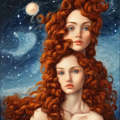 Prompt:  Oil painting by Botticelli portrait of a beautiful woman with curly auburn hair observing star dust and clouds in the milky-way, stunning image, epic fantasy image, award-winning cgi, artstation, blender 