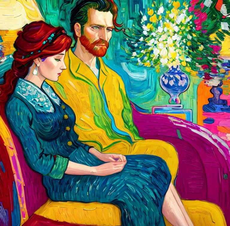 Prompt: Woman sitting on the sofa, Style Flora Bowley and Vincent van Gogh,8k, dynamic lighting, ultra detailed