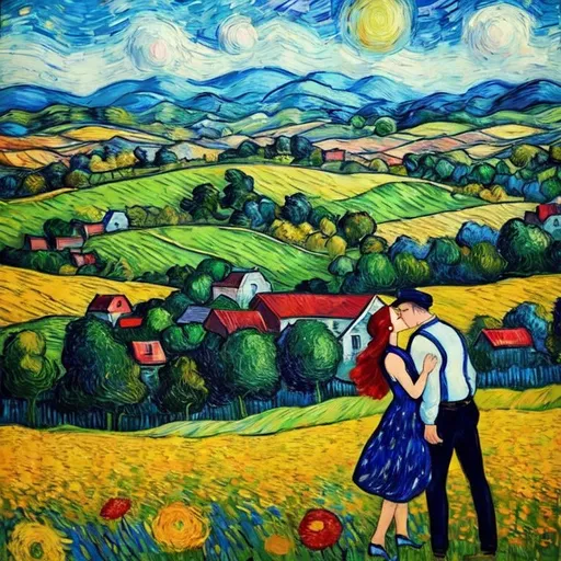 Prompt: Woman kissing Man in landscape of the countryside, Style Flora Bowley and Vincent van Gogh,8k, 
 dynamic lighting, ultra detailed