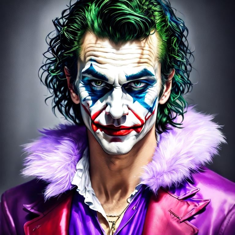 Prompt: fantasy, medieval, joker, UHD, 8k, high quality, ultra quality, perfect composition, trending art, trending on artstation, sharp focus, studio photo, intricate details, cinematic lighting, special effects, hyper realism, hyper realistic, Very detailed, high detailed face, high detailed eyes, oil painting, full body, full view