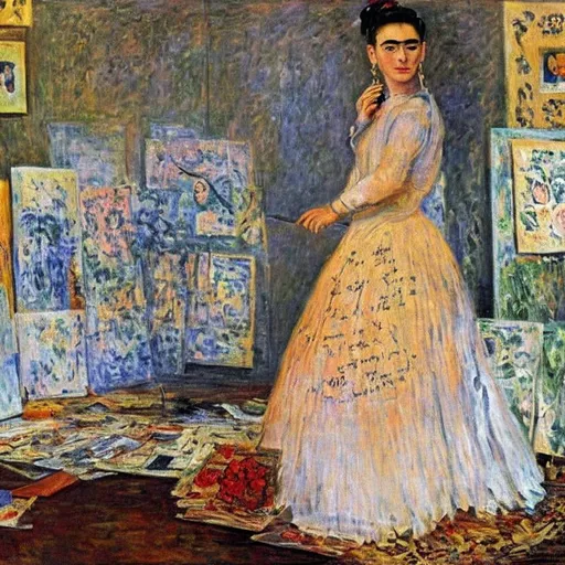 Prompt: a painting by claude monet of a beautiful slender blonde young woman frida kahlo in evening dress in her art studio surrounded by shabby little sketches and small abstract paintings,8k, dynamic lighting, ultra detailed