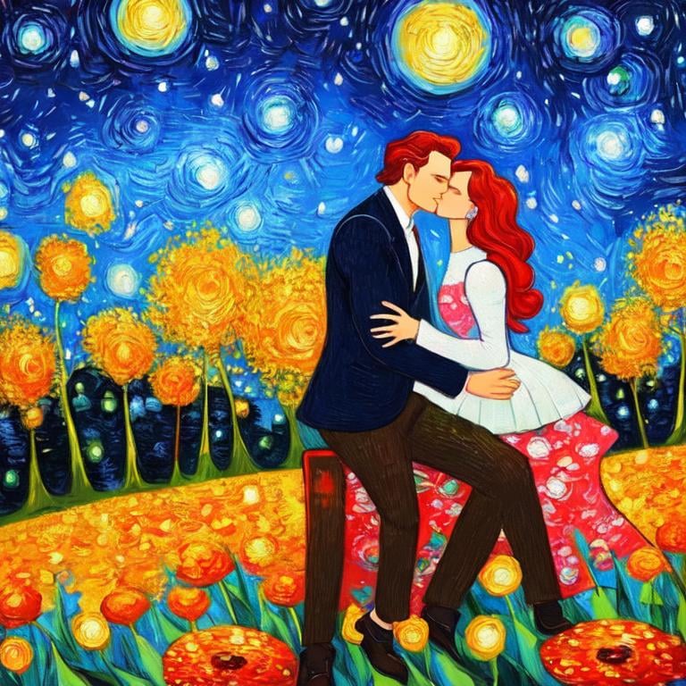Prompt: Woman kissing Man sitting on an bank in the park, Style Flora Bowley and Vincent van Gogh, 8k, dynamic lighting, ultra detailed