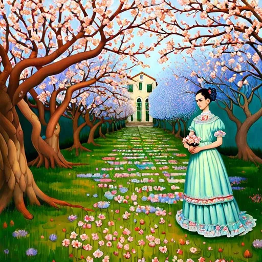 Prompt:  Beautiful Frida Kahlo as Woman in garden, almond blossom luminous trees, intriguing flowers, highly detailed painting, intricate, high quality oil painting , woman Sandro Botticelli style and patchwork by Megan Duncanson and Jennifer Lommers and Didier Lourenço 