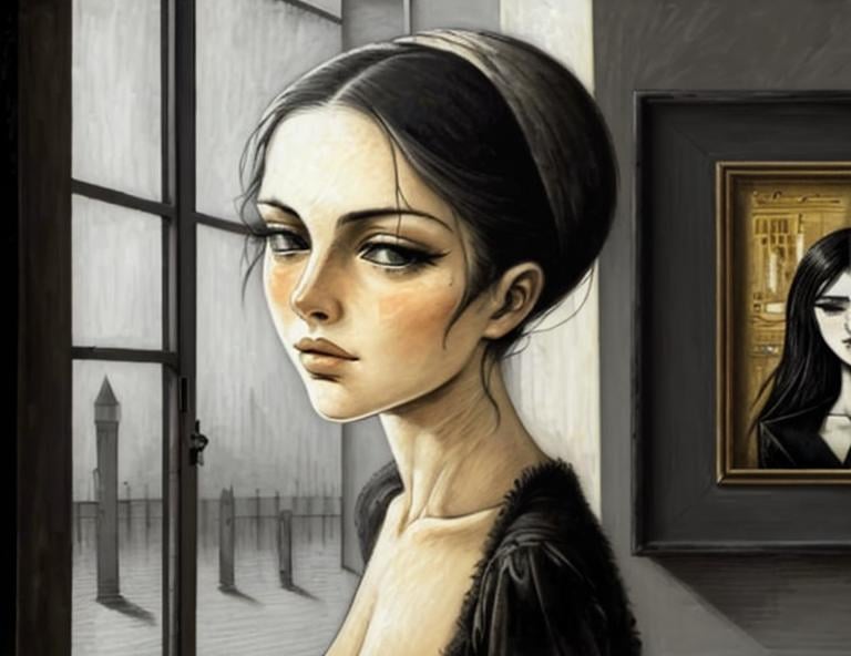 Prompt: sharp focus elegant intricate details sensuality very attractive beautiful high definition crisp quality very cute Bernard Buffet (figurative expressionist French painter)