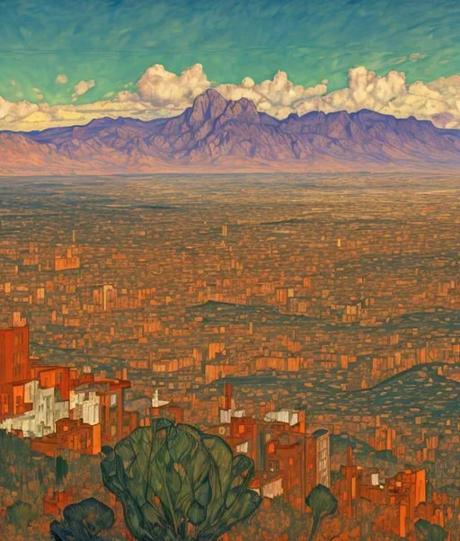 Prompt: Albuquerque with Sandia mountains in the background, egon Schiele and Bilal Alphonse Mucha, Degas Style Painting,unreal engine, UHD, HDR, digital art, 8K 3D render, VRAY, 3D anime art