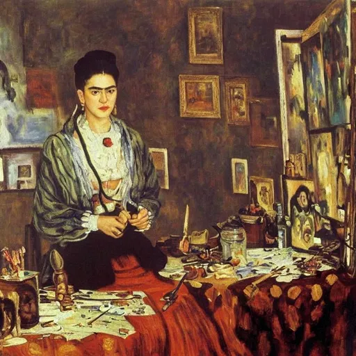 Prompt: a painting by claude monet of a beautiful slender blonde young woman frida kahlo in evening dress in her art studio surrounded by shabby little sketches and small abstract paintings,8k, dynamic lighting, ultra detailed