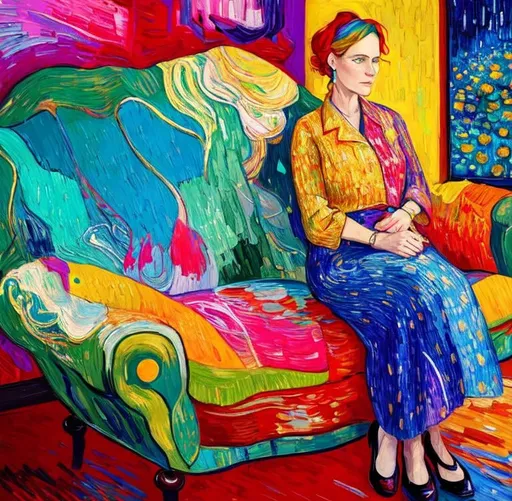 Prompt: Woman sitting on the sofa, Style Flora Bowley and Vincent van Gogh,8k, dynamic lighting, ultra detailed
