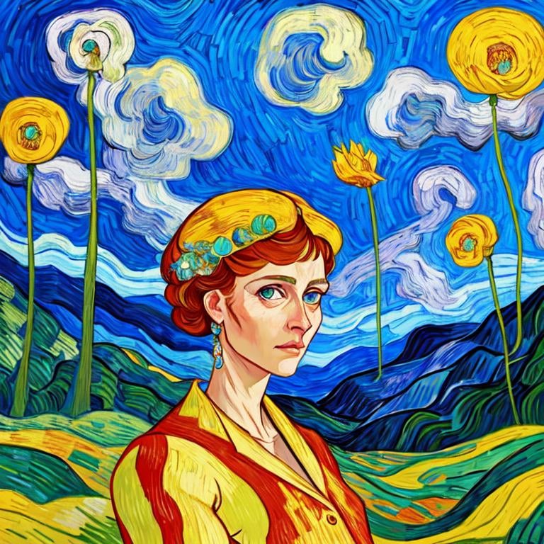 Prompt: Beautiful italian lady in an beautiful landscape of Umbrië, Style Flora Bowley and Vincent van Gogh,8k, dynamic lighting, ultra detailed