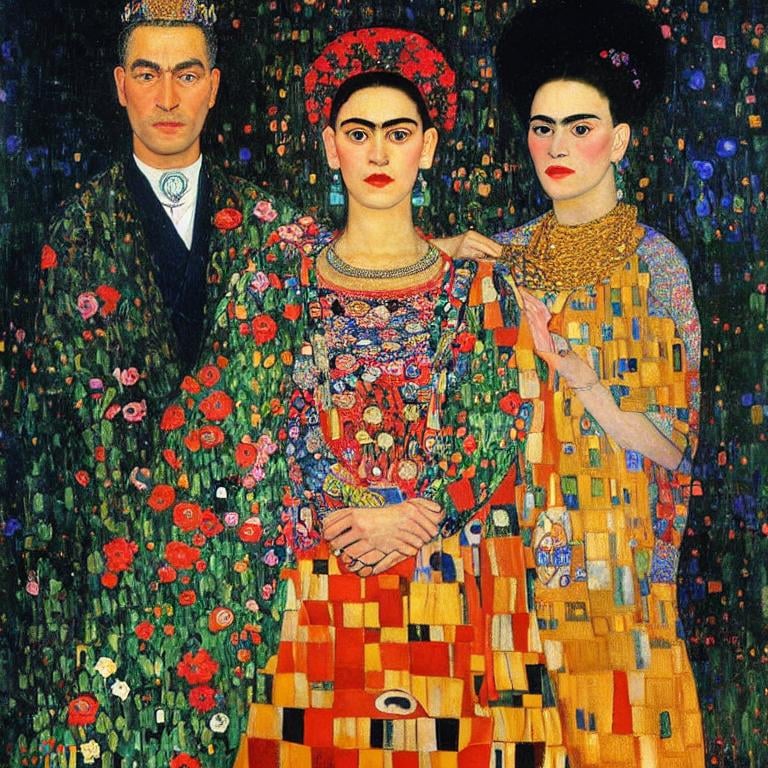 Prompt: a painting by gustav klimt of a beautiful slender blonde young woman frida kahlo in royal dress Style Flora Bowley and Vincent van Gogh ,8k, dynamic lighting, ultra detailed 