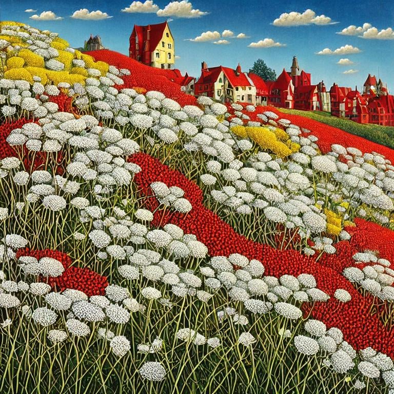 Prompt: Queen Anne’s Lace, red and white and black and yellow landscape. Detailed buildings with gray roofs. No floating flowers in the sky. No buildings on top of flowers in the sky. Unsigned, no signature, beautiful, high definition, acrylic art, incritate details, Jacek Yerka