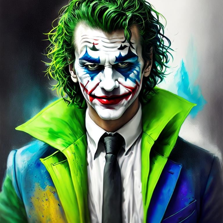 Prompt: fantasy, medieval, joker, UHD, 8k, high quality, ultra quality, perfect composition, trending art, trending on artstation, sharp focus, studio photo, intricate details, cinematic lighting, special effects, hyper realism, hyper realistic, Very detailed, high detailed face, high detailed eyes, oil painting, full body, full view