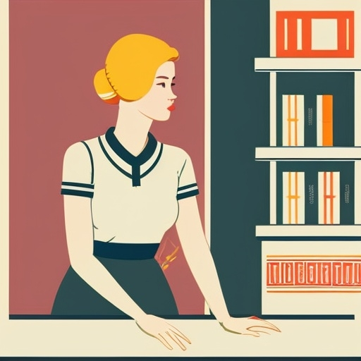 Prompt: minimalist graphic poster of a modern young blonde vietnamese woman sitting behind the counter in a little vintage bookstore. She looks up with pleasant surprise to great a european woman entering the bookshop, solid colors only. one line drawing. art deco and marimekko, final features, illustrative stylization, graphic emphasis, high accent textures, colored line patterns.